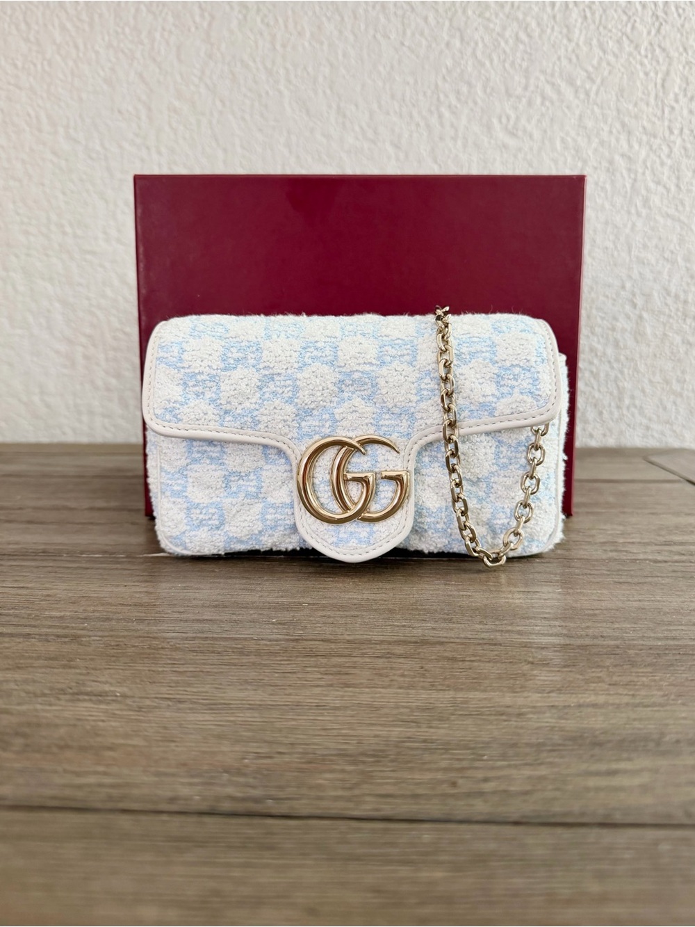 Gucci Mini Shoulder Bag in Light Blue & White Bouclé with Gold GG